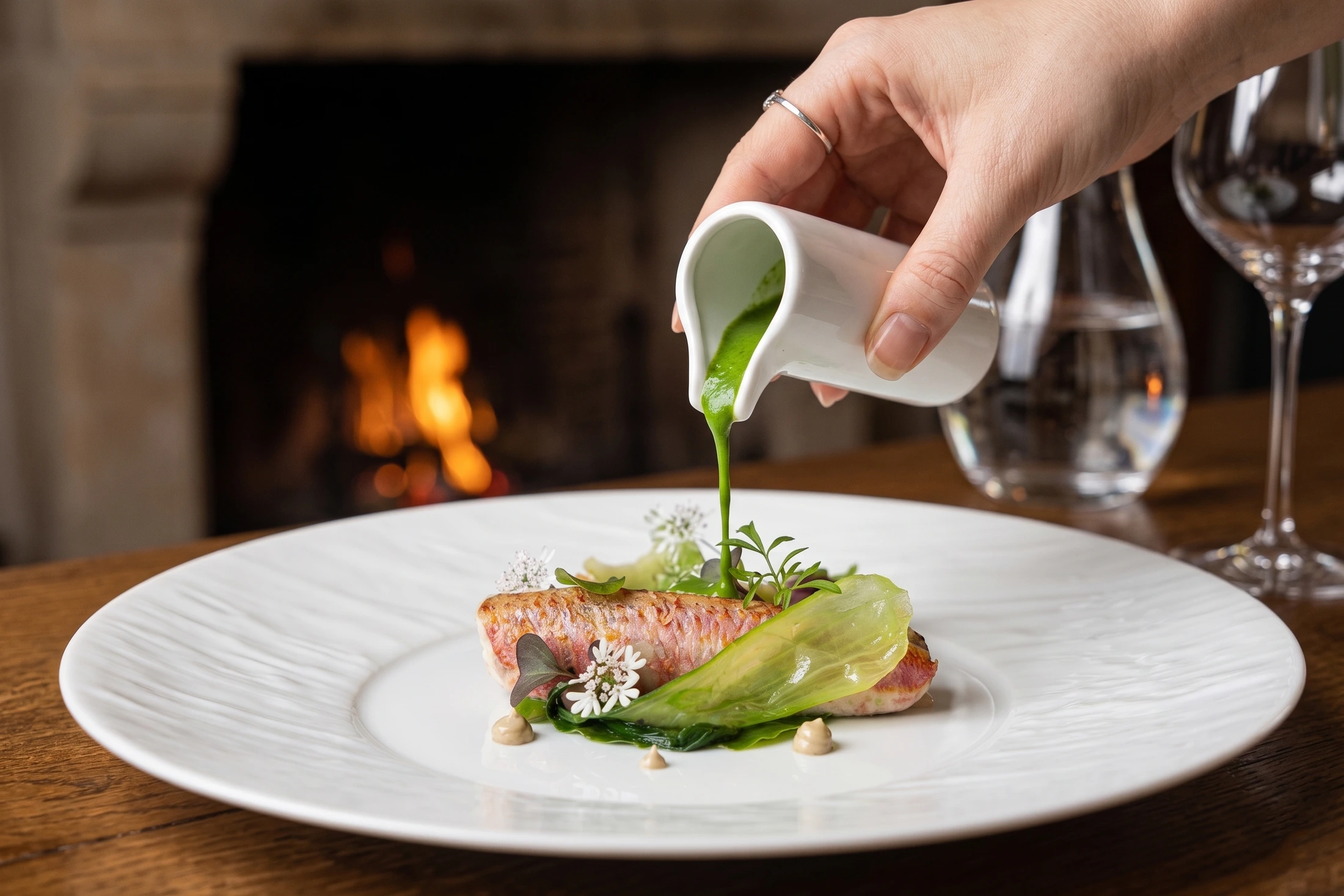 Rouget grillé et sauce verte versée à table, photographié par le réseau Kandra Photo