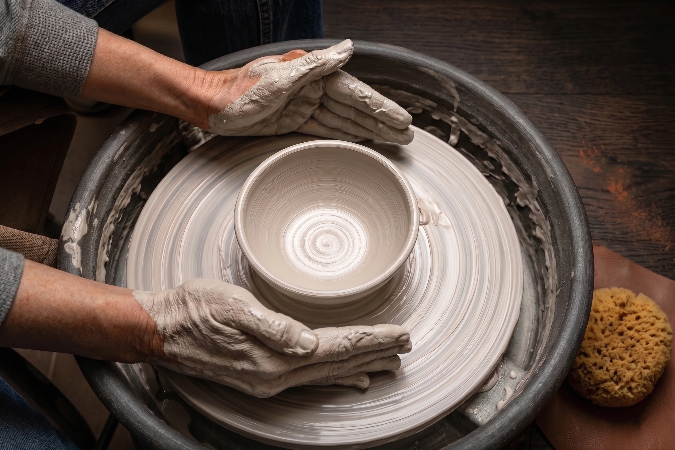 Mains de céramiste tournant un bol sur un tour de poterie, photographié par le réseau Kandra Photo